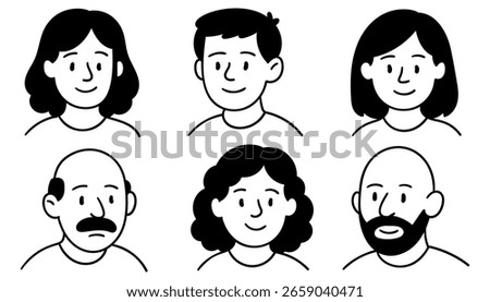 Set of six black and white doodle portraits of men and women with various hairstyles and calm smiles. Isolated vector faces with simple outlines. Stock vector illustration in doodle style.
