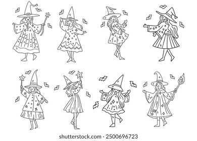 A set of six black and white drawings of witches and wizards. The drawings are of children dressed in costumes and are dancing. Scene is playful and whimsical