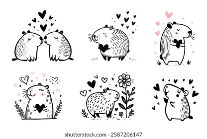 A set of six black and white drawings of animals capybaras with hearts