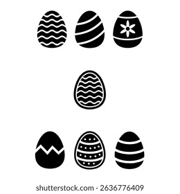 Set of six black and white Easter egg icons with various decorative patterns. 