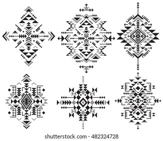 Set of six black and white ethnic pattern elements with geometric shapes. Tribal ornate abstract backgrounds. Stylish trendy design elements. Vector illustration.