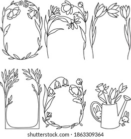 set of six black and white frames with flowers and leaves. Suitable for printing on postcards and invitations, as well as for making photos