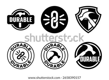 A set of six black and white graphic icons and badges representing durability, featuring hammers, chains, and shields.