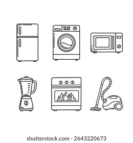Conjunto de seis ícones de eletrodomésticos em estilo line-art, incluindo geladeira, máquina de lavar, micro-ondas, liquidificador, forno e aspirador de pó