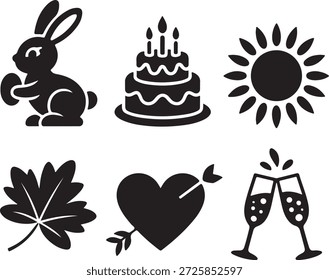 a set of six black and white icons featuring a bunny, cake, sun, leaf, heart with an arrow, and champagne glasses