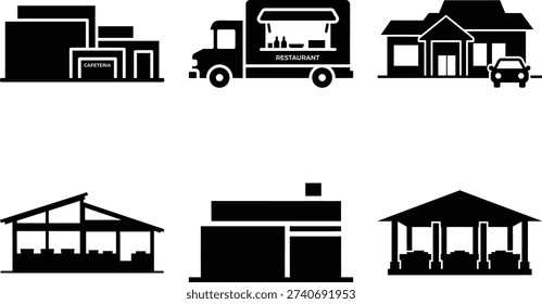 a set of six black and white icons depicting various types of businesses and structures, including a warehouse, food truck, house, pavilion, shop, and gazebo