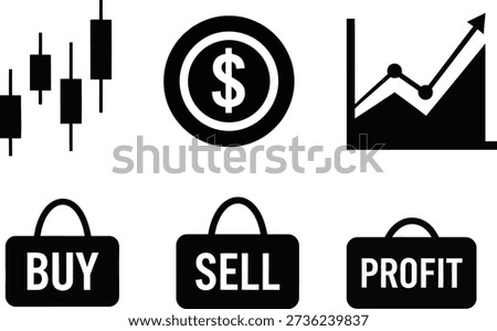 A set of six black and white icons related to financial trading and investment