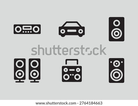 A set of six black and white icons featuring different audio equipment such as speakers, boombox, and stereo, alongside a car silhouette on a light grey background