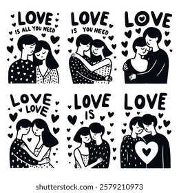 Set of six black and white illustrations of people hugging with text. Silhouette of a couple in love. Illustration Icon Happy Valentine's Day Vector