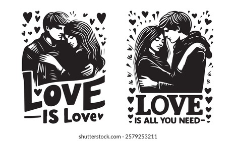 Set of six black and white illustrations of people hugging with text. Silhouette of a couple in love. Illustration Icon Happy Valentine's Day Vector
