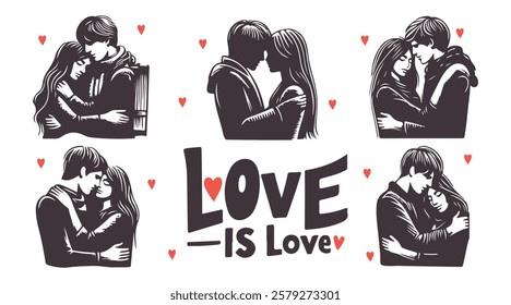 Set of six black and white illustrations of people hugging with text. Silhouette of a couple in love. Illustration Icon Happy Valentine's Day Vector