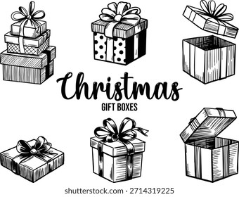 Un conjunto de seis ilustraciones en blanco y negro de regalos de Navidad envueltos con lazos y cintas
