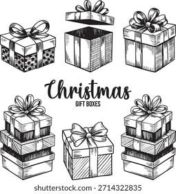 Un conjunto de seis ilustraciones en blanco y negro de cajas de regalo de Navidad con cintas y arcos en varios arreglos y estados