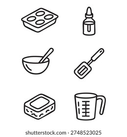 A set of six black and white kitchen utensils and containers illustrated in a minimalist line style. The include a muffin tin, a dropper bottle, a bowl with a spoon, a spatula, a block of......