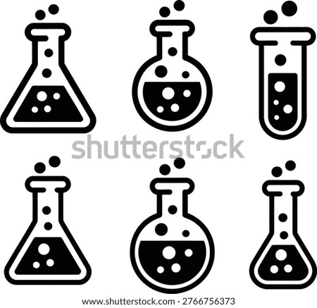 A set of six black and white laboratory beaker icons with bubbles rising, on a pure white background, featuring various shapes and sizes of beakers