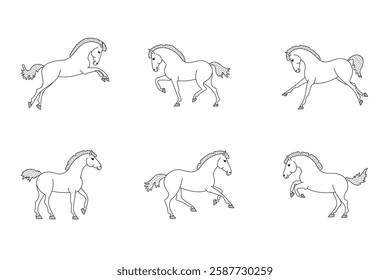 Set of six black and white line drawings of horses in different dynamic poses