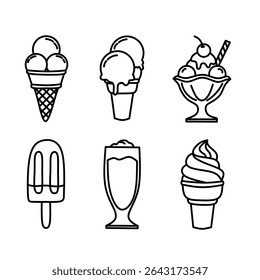 Set of six black and white line art ice cream icons, including cone, popsicle, sundae, milkshake, and soft serve, perfect for dessert or summer-themed designs