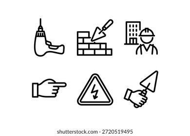 Ein Satz von sechs schwarz-weißen Linien Icons in Bezug auf Konstruktion und elektrische Arbeit.