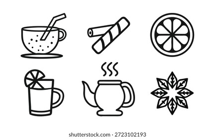 Ein Satz von sechs schwarz-weißen Linien Zeichnungen mit verschiedenen Drink und Dessert Icons, einschließlich einer Teetasse, Süßigkeiten, Zitronenscheibe, Blume, Teekanne, und Kaltgetränk mit einem Stroh.