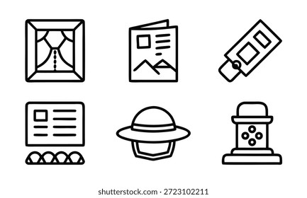 A set of six black and white line art icons featuring various symbols and objects on a plain white background, ideal for use in graphic design, digital art, and creative projects.