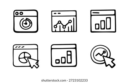 A set of six black and white line icons depicting various data analysis and statistics concepts, including graphs, charts, and data visualization tools, on a clean and simple white background.