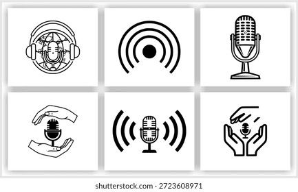Ein Satz von sechs schwarz-weißen Linien Art Icons, die verschiedene Konzepte im Zusammenhang mit Podcasting, Rundfunk, Audio-Streaming und Kommunikation, einschließlich Mikrofone, Kopfhörer, Schallwellen, globale Reichweite, und Hände mit einem Mikro.