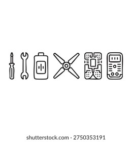 A set of six black and white line representing a screwdriver, wrench, battery, scissors, circuit board, and calculator arranged in a row. Each is detailed and minimalist, focusing on the.........