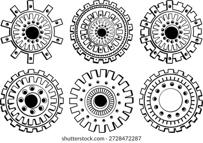 Set of Six Black and White Mechanical Gears industrial