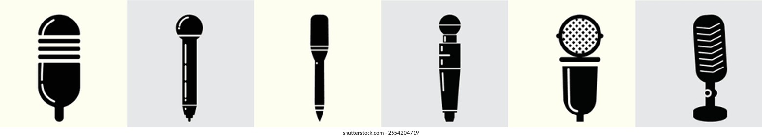 A set of six black and white microphone icons featuring diverse designs, including handheld, studio, and retro styles, ideal for audio, podcast, and broadcasting themes.