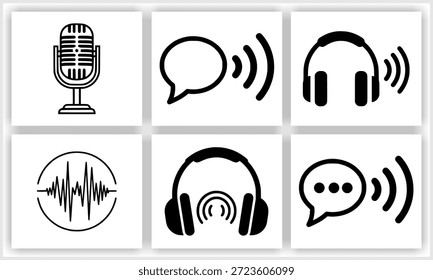 Um conjunto de seis contornos em preto e branco e ícones sólidos representando temas de áudio e comunicação, incluindo um microfone, fones de ouvido com ondas de som, balões de fala com sinais e um equalizador de áudio, apresentado em um fundo branco.   