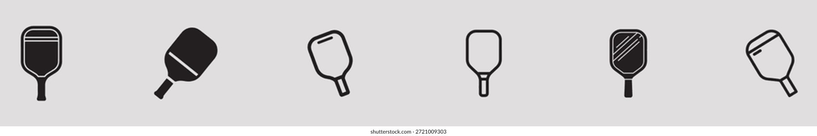 Un conjunto de seis iconos de paleta de pickleball en blanco y negro sobre un fondo gris