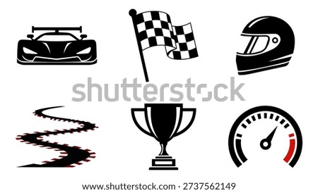 A set of six black and white racing icons on a pure white background, featuring a sleek race car, a waving checkered flag, a racing helmet, a winding road track, a shiny trophy cup, and a speedometer 