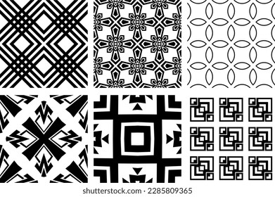 Set of six black and white seamless patterns. monochromatic tiles on white background. Geometric ornaments. Tileable textures