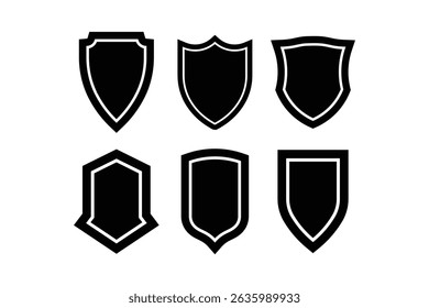 Set of six black and white shield icons for security protection and emblem designs