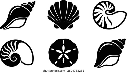 A set of six black and white stylized seashell featuring various shellfish, mollusk, and scallop shapes, including spiral and wave line on a white background.