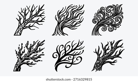 Conjunto de seis ilustraciones de ramas de árbol en blanco y negro con varios diseños