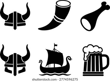 Set of six black and white viking and mead hall themed icons including horn, ship, beer mug, and meat