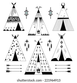 Set of six black and white wigwams and a set of six arrows