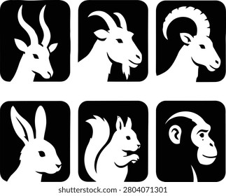 Set of six black-and-white animal head icons featuring antelope, goat, ram, rabbit, squirrel, and chimpanzee inside rounded square frames. Ideal for wildlife branding, educational projects, apps, stickers, logos, and animal-themed designs.