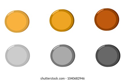 Set of six blank coins, buttons, or icons in metallic colors including gold, silver, and bronze.