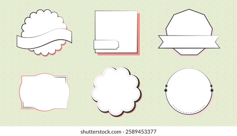 Set of six blank labels with different shapes. Labels include round, square, and scalloped designs. Perfect for crafting, scrapbooking, and DIY projects. Element vector set.