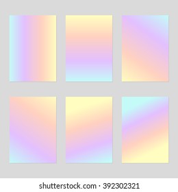 Set Of Six Blank Sheets Of Holographic Paper In Pale Purple, Yellow, Orange And Blue Gradient A4 Size. The Modern Design Of The Blank Template For A Flyer, Poster, Brochure, Business Brochures.