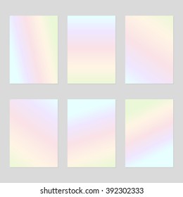 Set Of Six Blank Sheets Of Holographic Paper In The Pale Purple, Pink, Yellow, Green And Blue Gradient A4 Size. The Modern Design Of The Blank Template For A Flyer, Poster, Business Brochures.