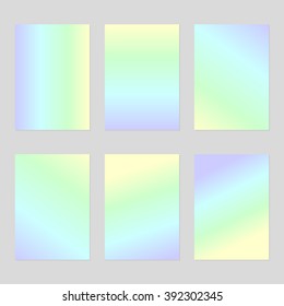 Set of six blank sheets of holographic paper in pale purple, yellow, green and blue gradient A4 size. The modern design of the blank template for a flyer, poster, brochure, business brochures.