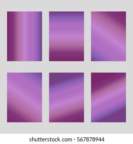Set of six blank sheets of holographic paper in the purple silk pink gradient A4 size. The modern design of the blank template for a flyer, poster, business brochures.