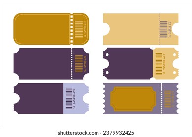Set of six blank tickets. Ticket mockups for circus, concert, certificate, boarding, lottery, movie and coupon	