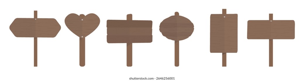 Set of six blank wooden signs, each with a unique shape. Wooden signs perfect for crafting, decor, or signage. Ideal for wooden sign projects. Isolated illustration elements, vector set.