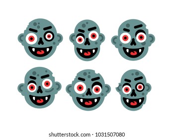 Set of six blue cartoon fancy and creepy zombie, monsters faces. Vector illustration, isolated