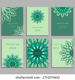Set of six blue color Invitation Cards with  mandala ornament. Card template for Wedding invitation or Birthday greeting card. Vector illustration