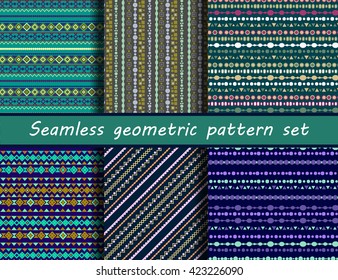Set of six blue colored ethnic patterns. Background in the boho style, geometric vector seamless patterns.Seamless vector tribal texture. 